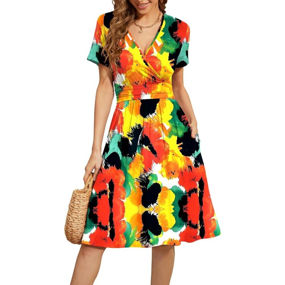 Women Abstract Short Sleeve V-Neck Floral Stretchy Party Dress with Pockets